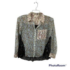 Bohemian womens blouse sz XS Petite floral multi color blocks sheer button down